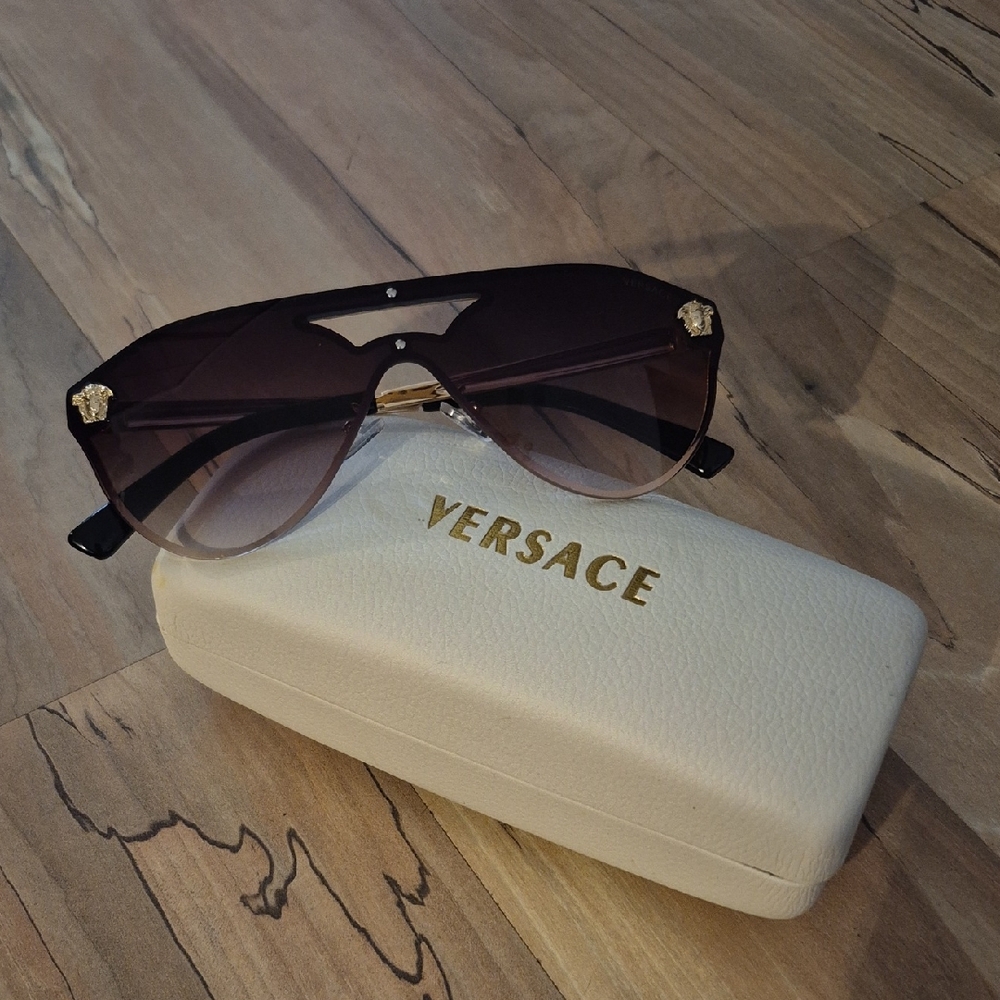 Faux Versace Women's Brown Gradient Shield Sunglasses with Gold Medusa Accents